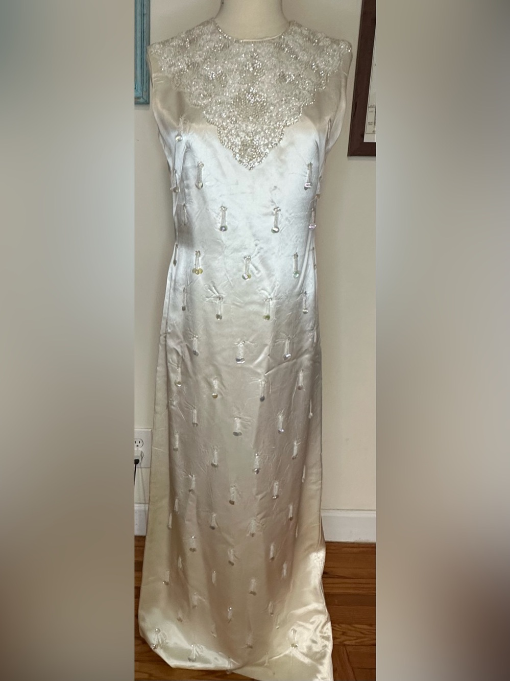 Beaded Ivory Satin Maxi Dress with Sequin Beaded Bodice